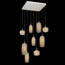  CHB0091-09-BS-B-C01-L3 - Vessel 9pc Square Multi-Pendant-Beige Silver-Bronze Blown Glass-Cloth Braided Cord-LED 3000K