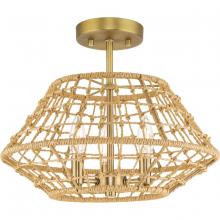  P350246-163 - Laila Collection 16 in. Three-Light Vintage Brass Coastal Semi-Flush Convertible with Woven Jute Acc
