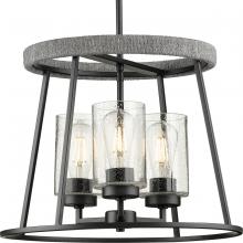  P400321-31M - Laramie Collection Three-Light Matte Black Rustic Modern Clear Seeded Glass Chandelier