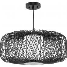  P500397-202 - Cordova Collection One-Light Black Large Rattan Organic Modern Pendant with White Linen Shade