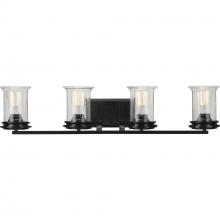  P300275-031 - Winslett Collection Four-Light Matte Black Clear Seeded Glass Coastal Bath Vanity Light