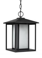  69029-12 - Hunnington contemporary 1-light outdoor exterior pendant in black finish with etched seeded glass pa