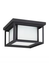  79039-12 - Hunnington contemporary 2-light outdoor exterior ceiling flush mount in black finish with etched see